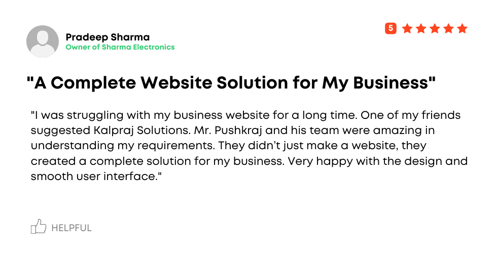 Customer review highlighting Kalpraj Solutions professional web development services